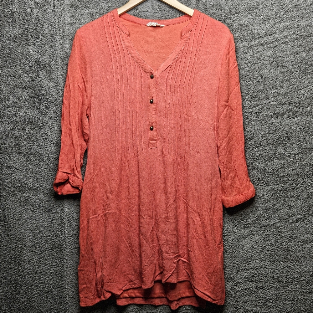 Entro Layered Tunic Dress 3/4 Sleeve V-Neck Side Pockets
